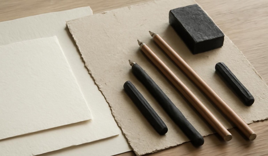 Selection of papers, pencils, and charcoal laid out on a table