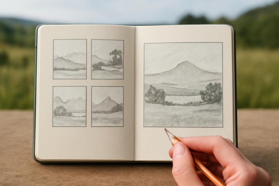 Sketchbook page showing compositional thumbnails and a landscape study