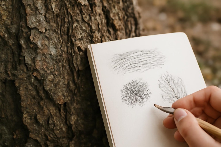 Close-up of textured tree bark and sketchbook marks