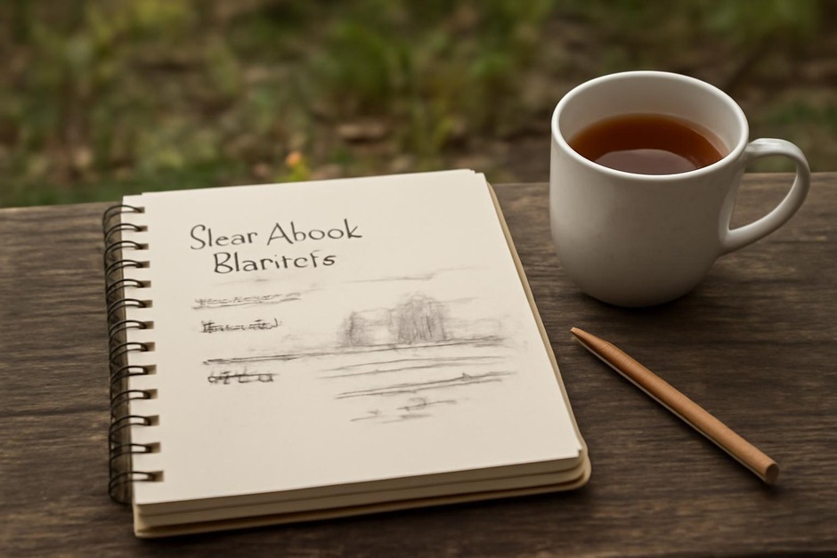 Open sketchbook with notes and a pencil beside a cup of tea outdoors