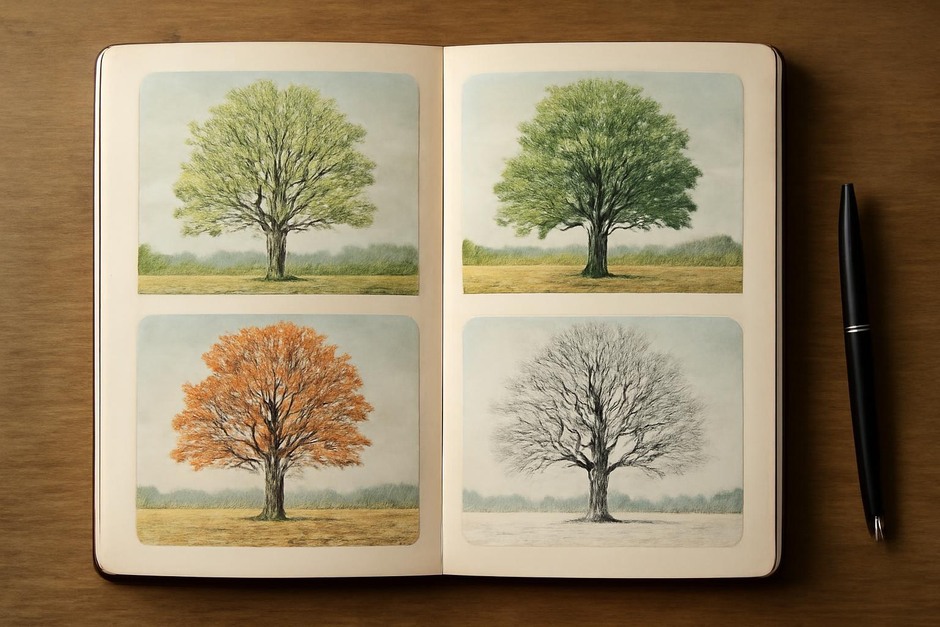 A sequence of journal pages showing the same tree across different seasons